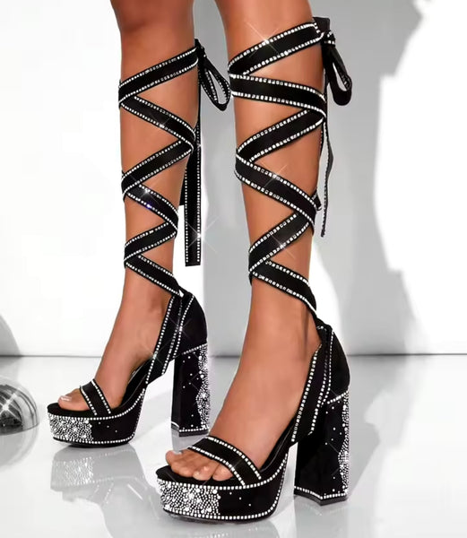 Women Fashion Suede Bling Lace Up Platform Sandals