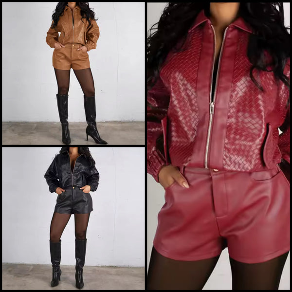 Women Fashion Color Zip Up Faux Leather Jacket