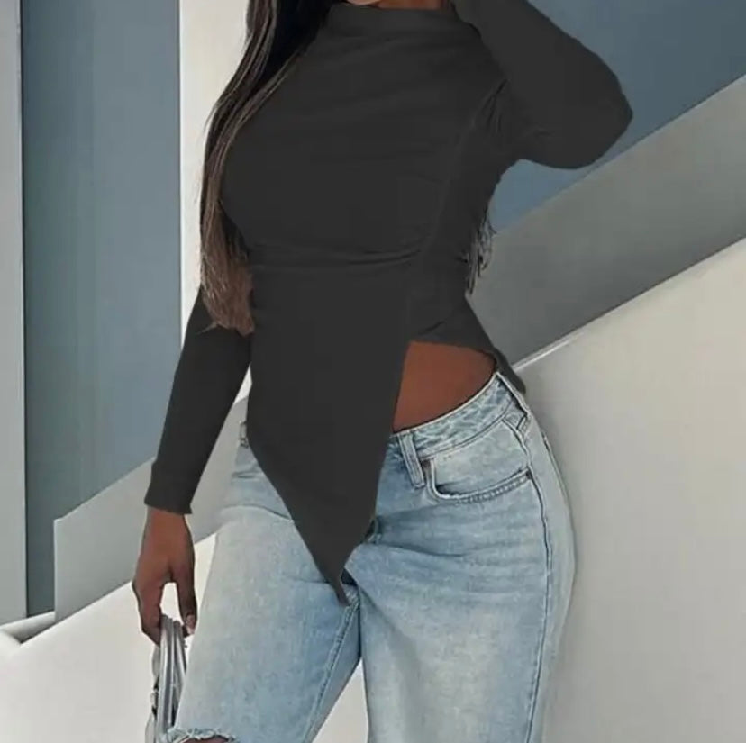 Women Solid Color Full Sleeve Asymmetrical Fashion Top