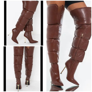 Women Brown Fashion Faux Leather Over The Knee High Heel Boots
