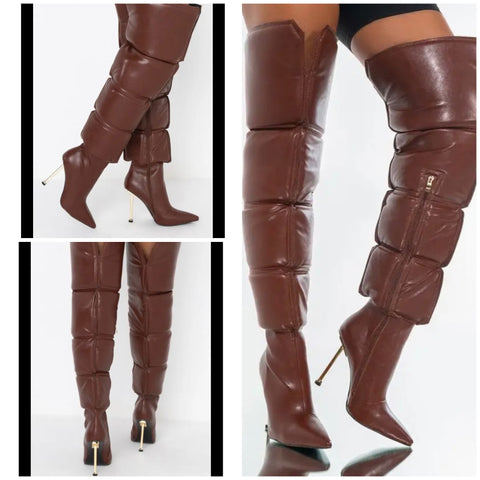 Women Brown Fashion Faux Leather Over The Knee High Heel Boots