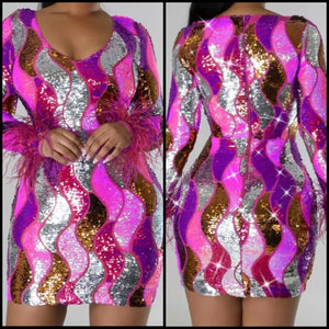 Women Sexy Feather Full Sleeve Colorful Sequins Dress