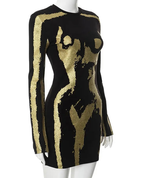 Women Sexy Black Gold Print Full Sleeve Dress