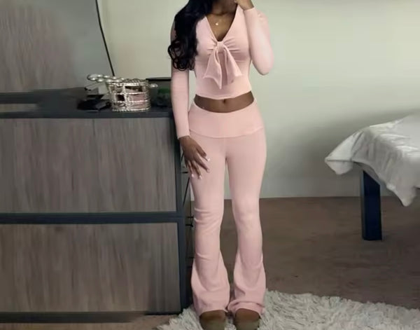 Women Bow Pink Full Sleeve Fashion Two Piece Pant Set