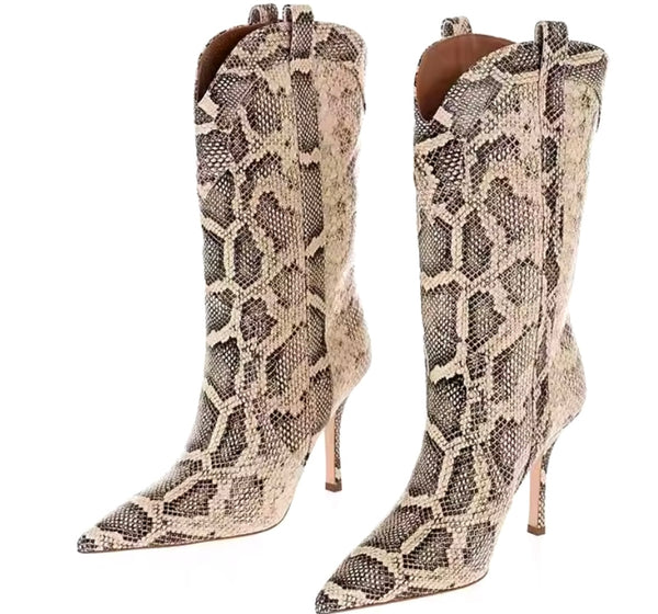 Women Pointed Toe Snake Print High Heel Boots