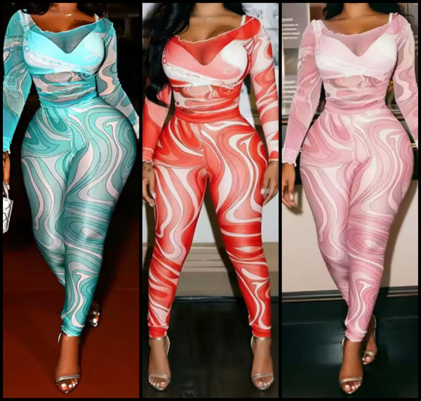 Women Printed Mesh Full Sleeve Fashion Two Piece Pant Set