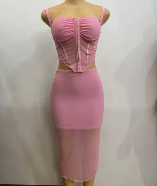Women Pink Sexy Sleeveless Mesh Two Piece Maxi Skirt Set
