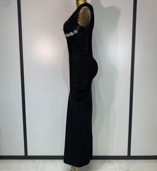 Women Sexy Mesh Full Sleeve Rhinestone Black Maxi Dress