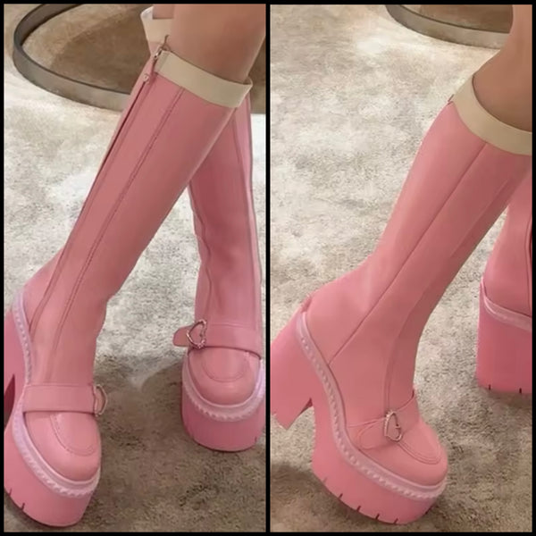 Women Fashion Pink Buckled Platform Zip Up Knee High Boots
