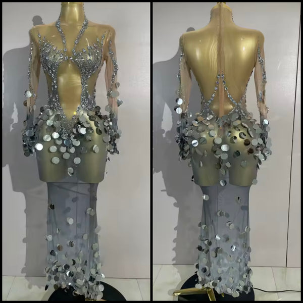 Women Silver Sequins Rhinestone Full Sleeve Mesh Maxi Dress