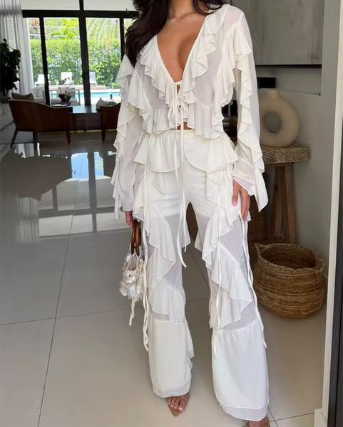 Women Ruffled Tie Up Full Sleeve Fashion Two Piece Pant Set