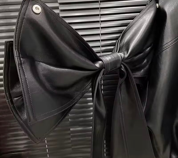Women Black Detachable Bow Fashion Faux Leather Jacket