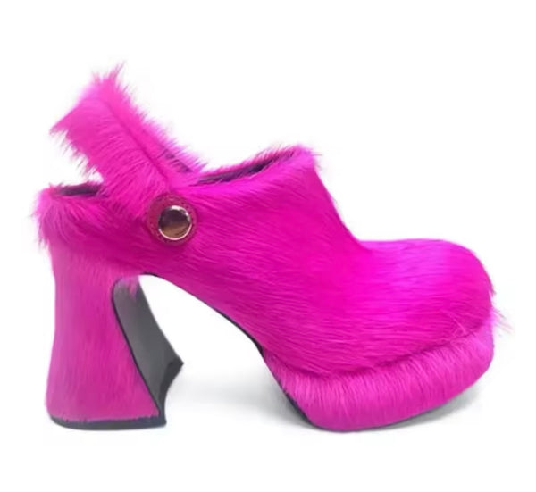 Women Color Fashion Furry Platform Slide On High Heel Shoes