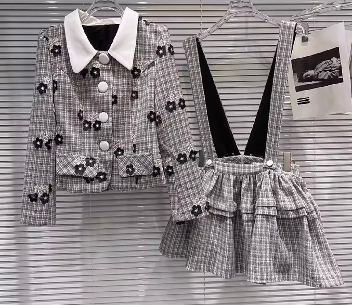 Women Floral Plaid Button Up Fashion Two Piece Skirt Set