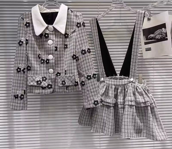 Women Floral Plaid Button Up Fashion Two Piece Skirt Set