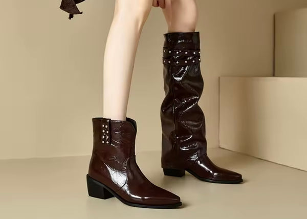 Women Fashion Patent Leather Buckled Detachable Knee High Boots