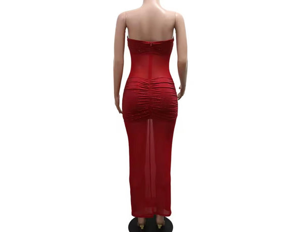Women Sexy Strapless Sparkly Mesh Maxi Dress