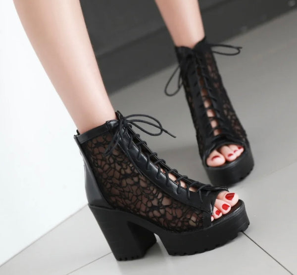 Women Fashion Open Toe Lace Platform Tie Up Ankle Boots