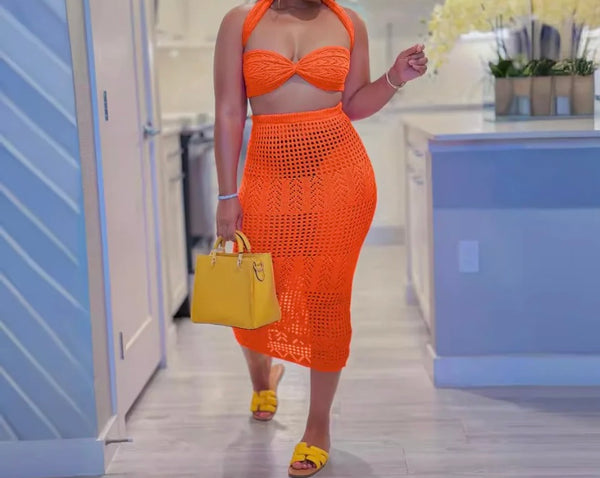 Women Orange Knitted Strapless Sexy Two Piece Skirt Set