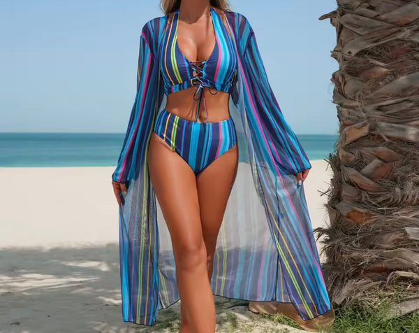 Women Sexy Multicolored Striped Bikini Cover Up Set