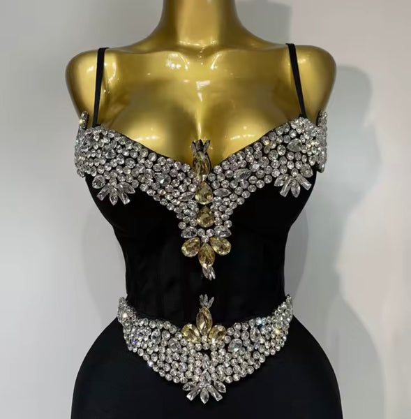 Women Sexy Sleeveless Crystal Rhinestone Maxi Dress