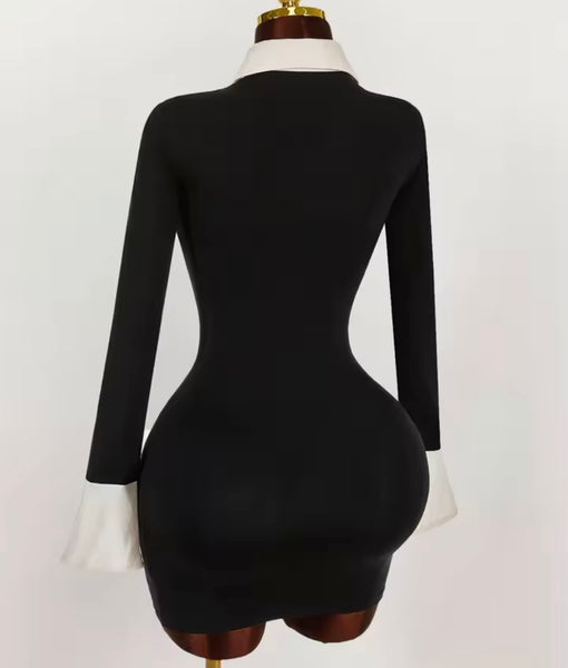 Women Sexy Color Patchwork Button Up Collar Full Sleeve Dress