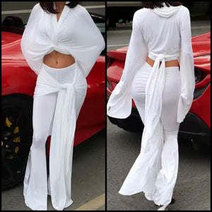 Women White Hooded Tie Up Full Sleeve Two Piece Pant Set