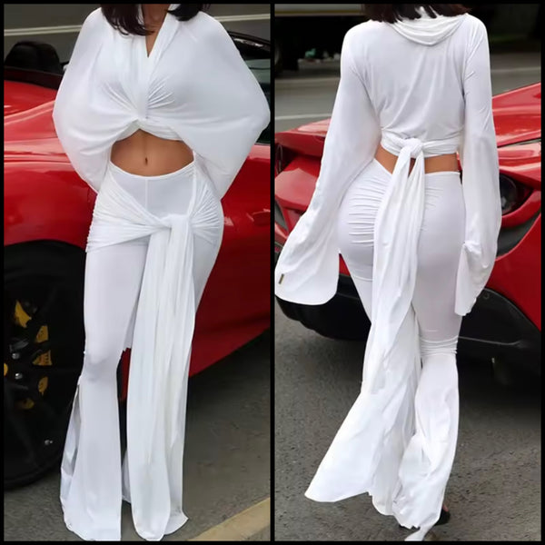 Women White Hooded Tie Up Full Sleeve Two Piece Pant Set