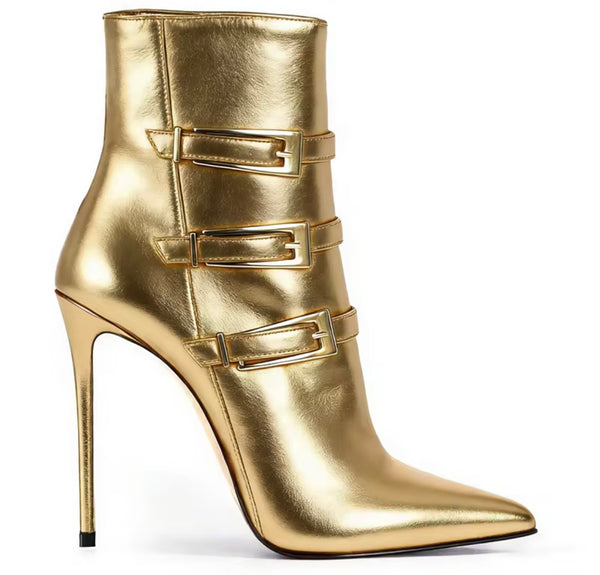 Women Fashion Pointed Toe Faux Leather Triple Buckle Ankle Boots