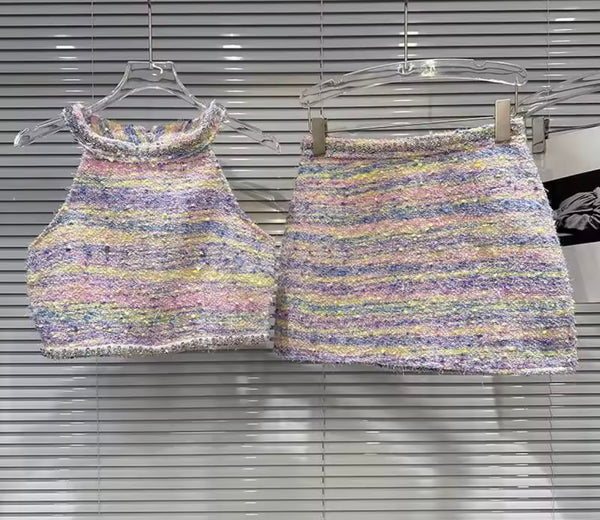 Women Color Bling Sleeveless Tweed Two Piece Skirt Set