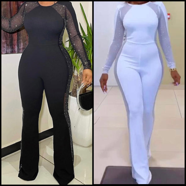 Women Sexy Mesh Bling Patchwork Full Sleeve Jumpsuit