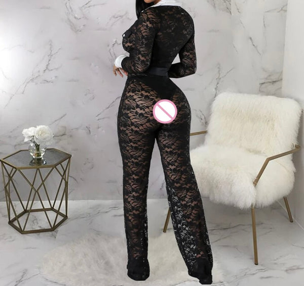 Women Sexy B&W Collar Lace Full Sleeve Jumpsuit