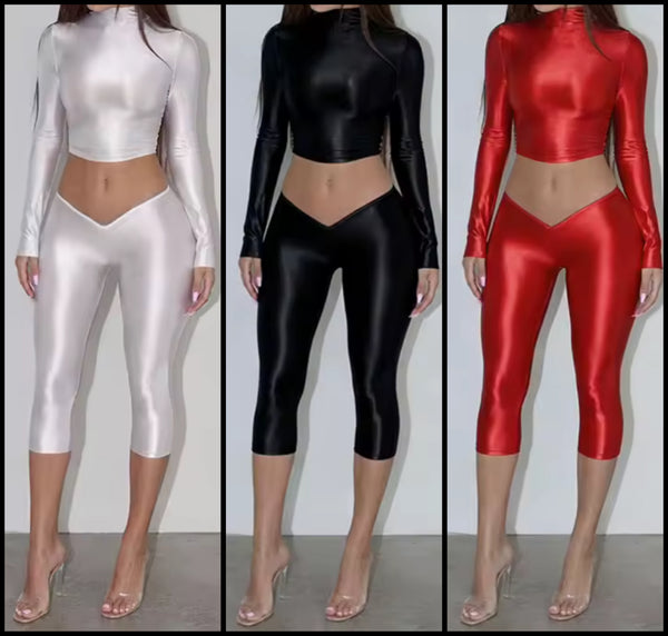 Women Sexy Fashion Turtleneck Full Sleeve Two Piece Capri Pant Set