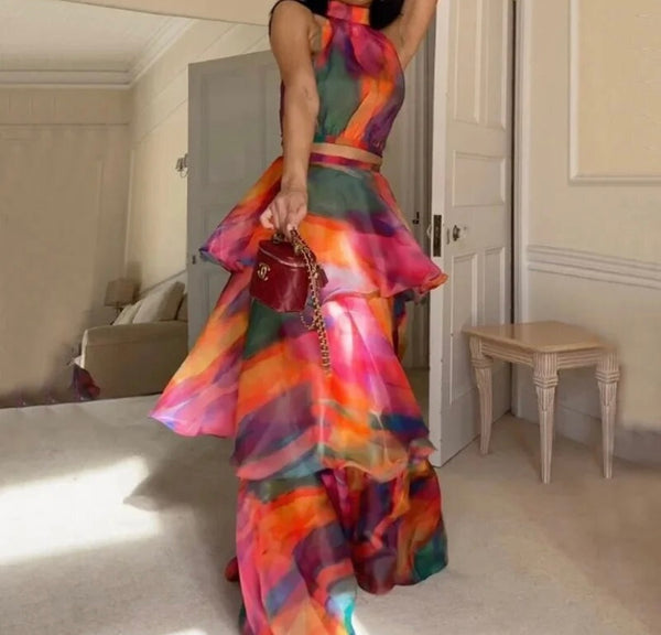 Women Sexy Sleeveless Colorful Ruffled Two Piece Skirt Set