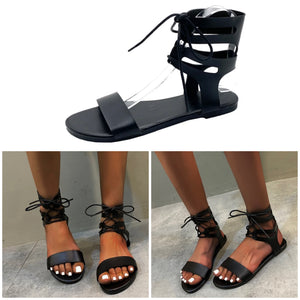 Women Black Lace Up Fashion Flat Sandals