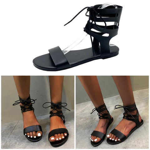 Women Black Lace Up Fashion Flat Sandals