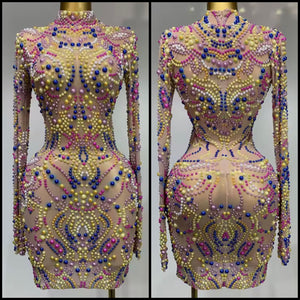 Women Sexy Colorful Beaded Mesh Full Sleeve Dress