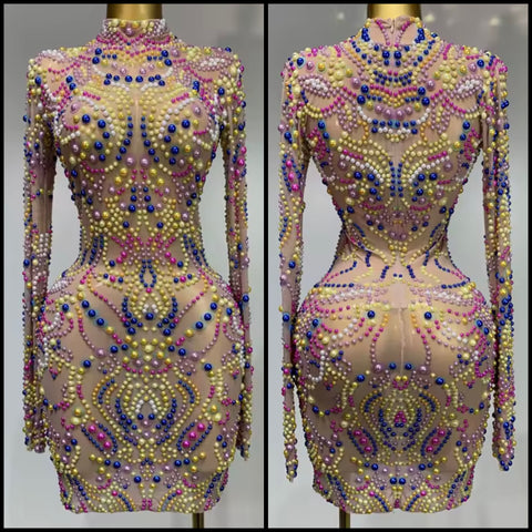 Women Sexy Colorful Beaded Mesh Full Sleeve Dress