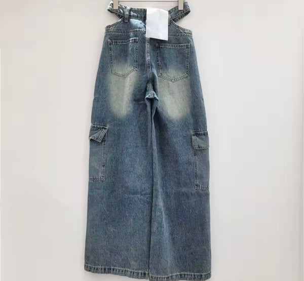 Women Fashion Cut Out Wide Leg Cargo Denim Pants