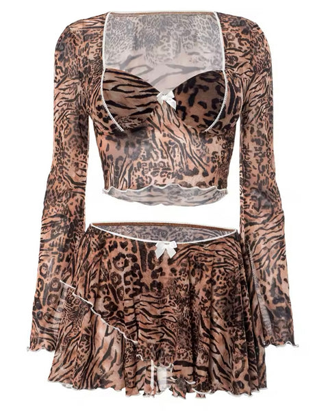 Women Sexy Leopard Full Sleeve Two Piece Ruffled Skirt Set