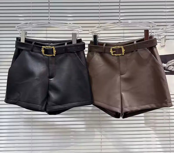 Women Fashion Belted Faux Leather Shorts