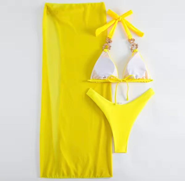Sexy Colorful Crystal Halter Bikini Cover Up Set