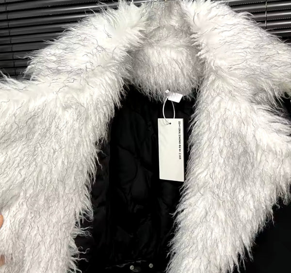 Women B&W Fur Faux Leather Back Zipper Jacket