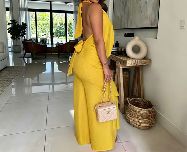 Women Sexy Halter Draped Sleeveless Two Piece Pant Set