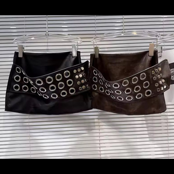 Women Sexy Fashion Metal Ring Belted Faux Leather Skirt