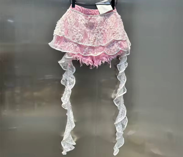 Women Fashion Lace Patchwork Ripped Denim Shorts