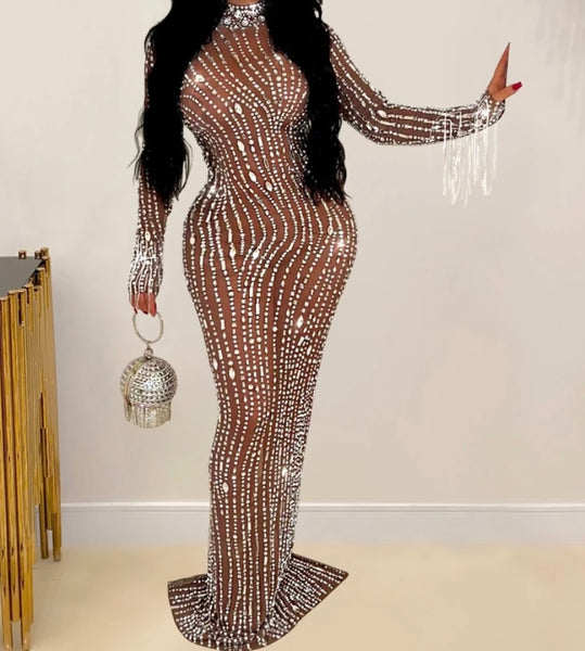 Women Sexy Mesh Bling Full Sleeve Maxi Dress