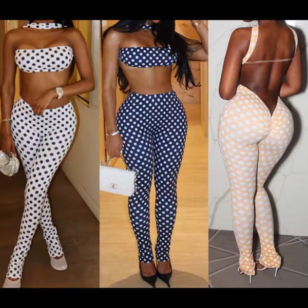 Women Sexy Strapless Polka Dot Open Back Two Piece Pant Set
