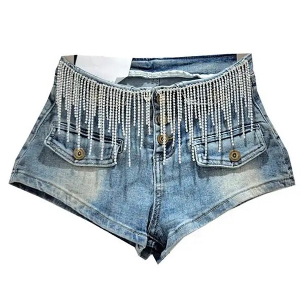 Women Fashion Pocket Rhinestone Tassel Denim Shorts