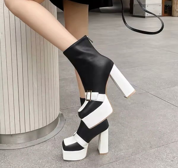 Women Color Fashion Square Toe Platform Buckled Ankle Boots